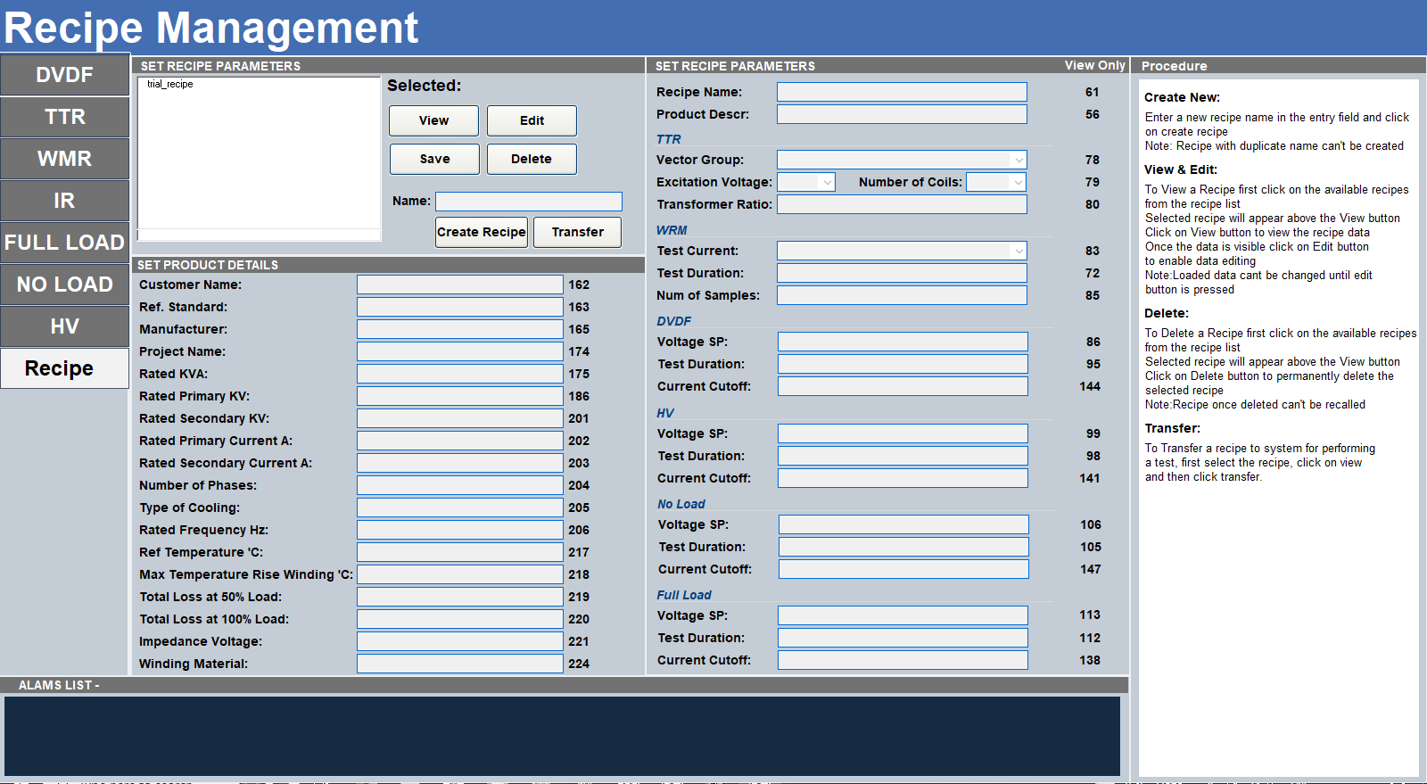 Transformer Test Bench Recipe Management